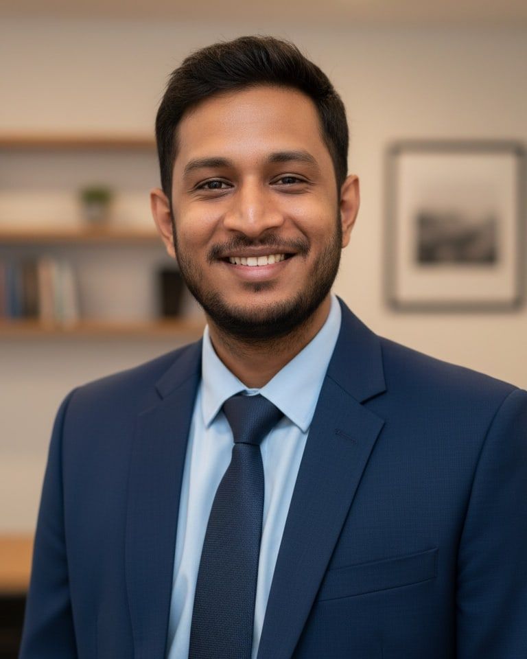 Satyam Chourey, smiling, in a navy suit